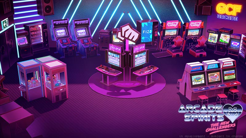 An arcade, washed in purple and blue hues. Prize crane games, snack machines, driving games, japanese import candy cabs, and notably a giant splitscreen game of Fist of Discomfort 2.