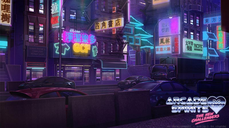 Picture of Chinatown at night, with several colorful neon signs written in chinese. Cars and trucks drive by on the street as streetlights glow. In the center is a sign flanked by the outlines of t-shirts in neon, reading G C F.
