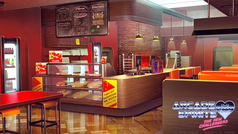 A pizzeria, with red and orange highlights everywhere. A woodgrain counter surrounds the serving area, with pizzas on display and menus on offer. A sign reads: take the surprise me pizza!
