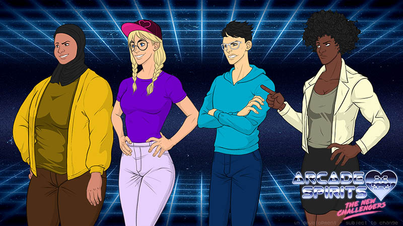 Variants on the player, including a woman in a hijab, a woman with blonde pigtails and a pink hat, an asian man in a hoodie, and an african-american woman with an afro in a tan jacket.