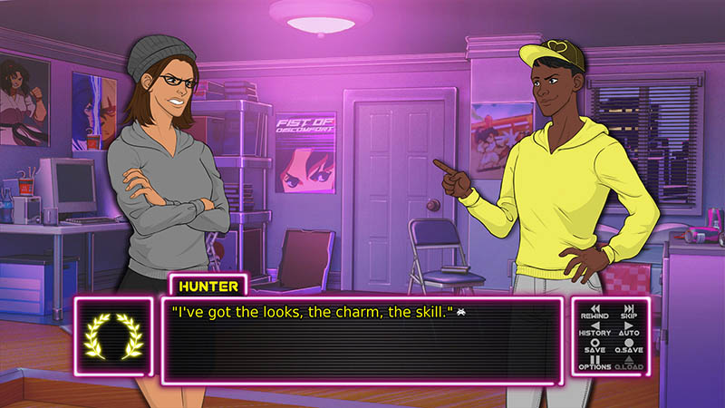 The player glowers at the rival named Hunter, who wears a yellow hoodie and cap, and is smirking away. Text: I've got the looks, the charm, the skill.