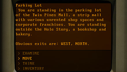 Screenshot of an old text adventure game on an amber monochrome monitor. Text describes a parking lot and offers verbs such as examine, move, think, and inventory.