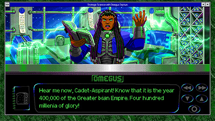 Screenshot of Omegus, a black male in heavy robes in a technology-laiden warlike room. He says: Hear me now, Cadet-Aspirant! Know that it is the year 400000 of the Greater Ixian Empire. Four hundred millenia of glory!